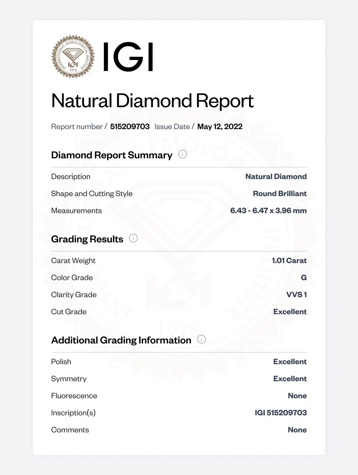 IGI sample natural diamond report showing identity, measurements, grading results and additional grading information