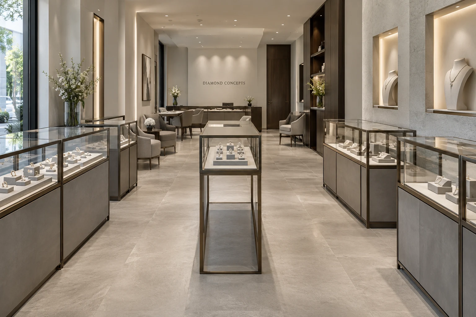 Illustrative Diamond Concepts showroom with glass jewellery displays and a light stone interior