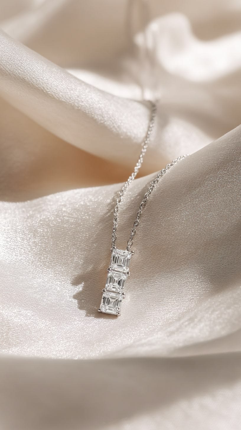 Three-stone diamond necklace on ivory satin
